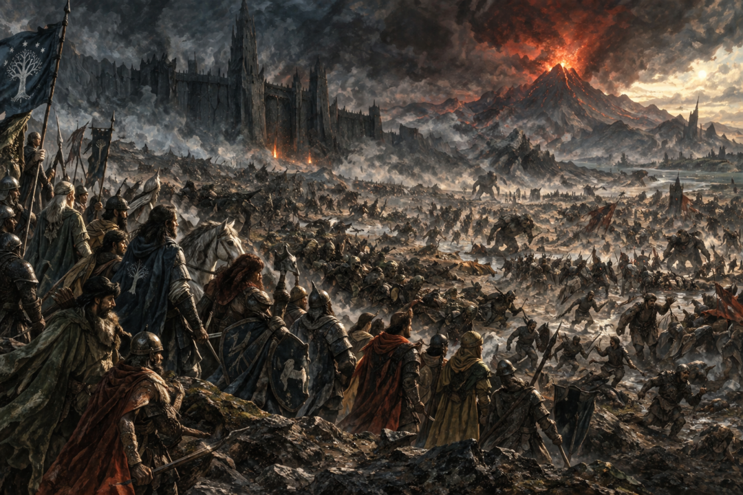 The Host of the West standing together as Sauron’s army fractures after the destruction of the One Ring
