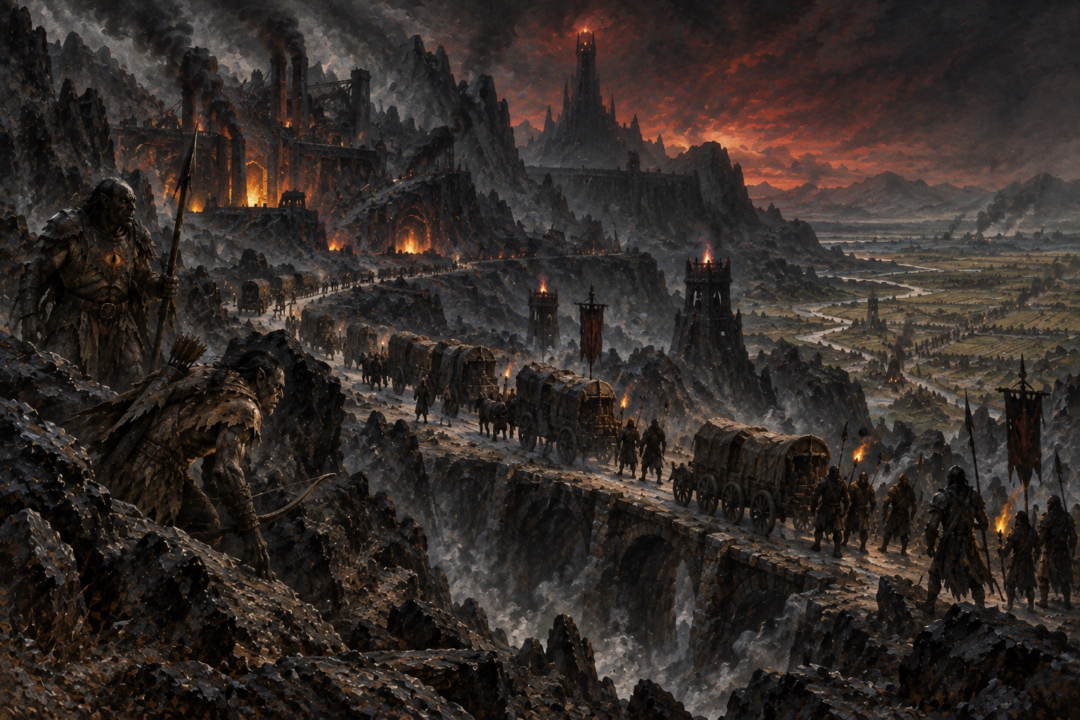 Mordor's roads, wagon trains, mines, forges and Orc patrols illustrate the realm's organized wartime labor.