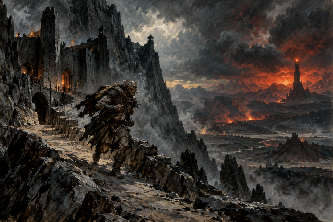 An Orc messenger leaving the Tower of Cirith Ungol to carry news across Mordor toward Barad-dûr.