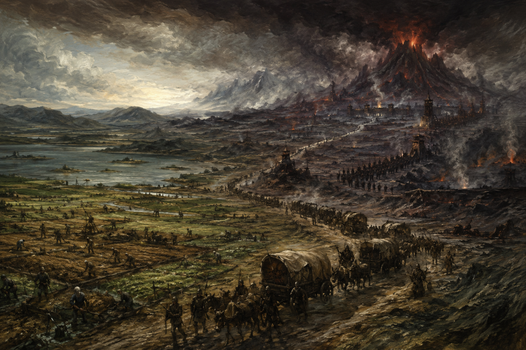 The fields of Nurn and Lake Núrnen supplying the distant military heartland of northern Mordor.