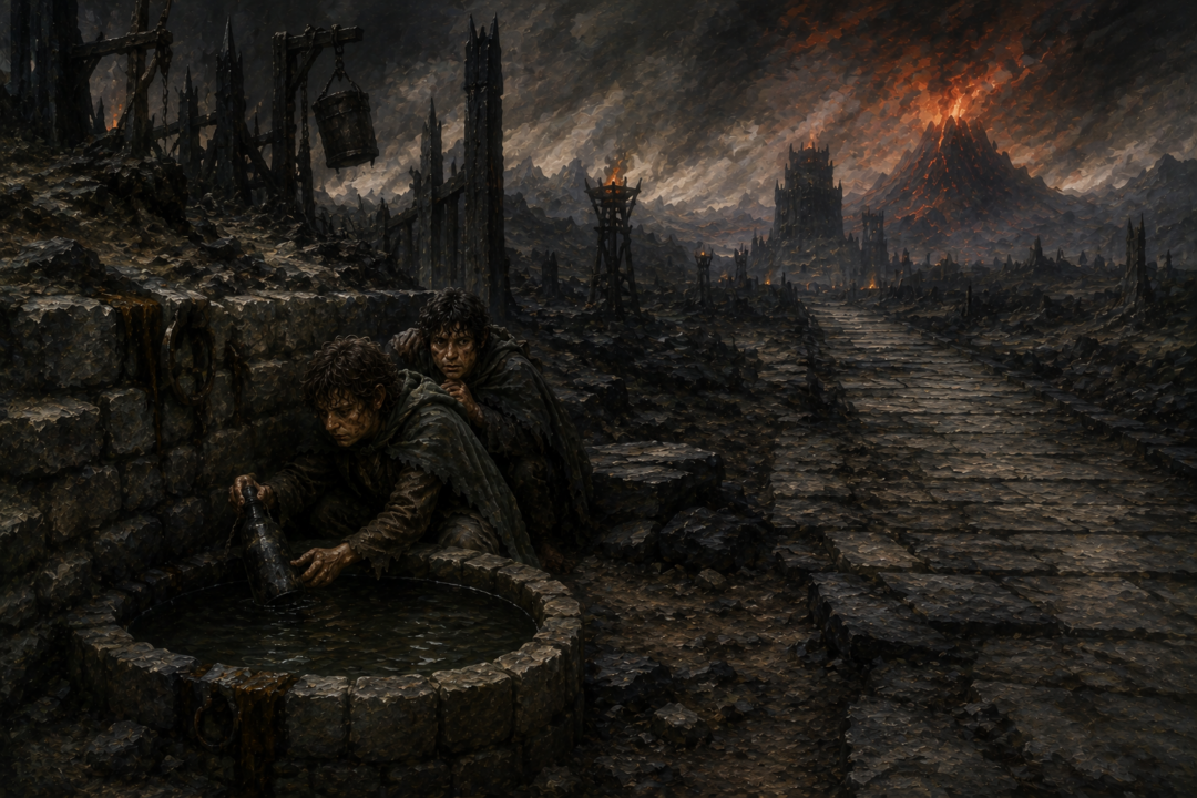Frodo and Sam obtain desperately needed water from a military cistern beside an Orc road in Mordor.