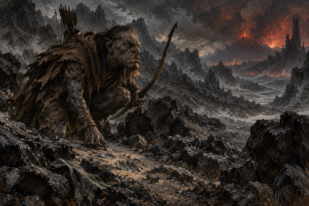 A specialized Orc tracker using scent to search the rocky wilderness of the Morgai in Mordor.