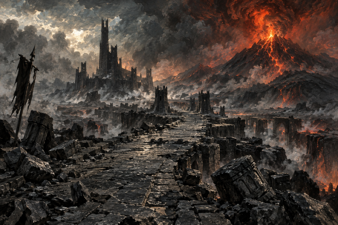 A shattered road through Mordor after Sauron’s downfall with Mount Doom erupting beyond the abandoned causeway