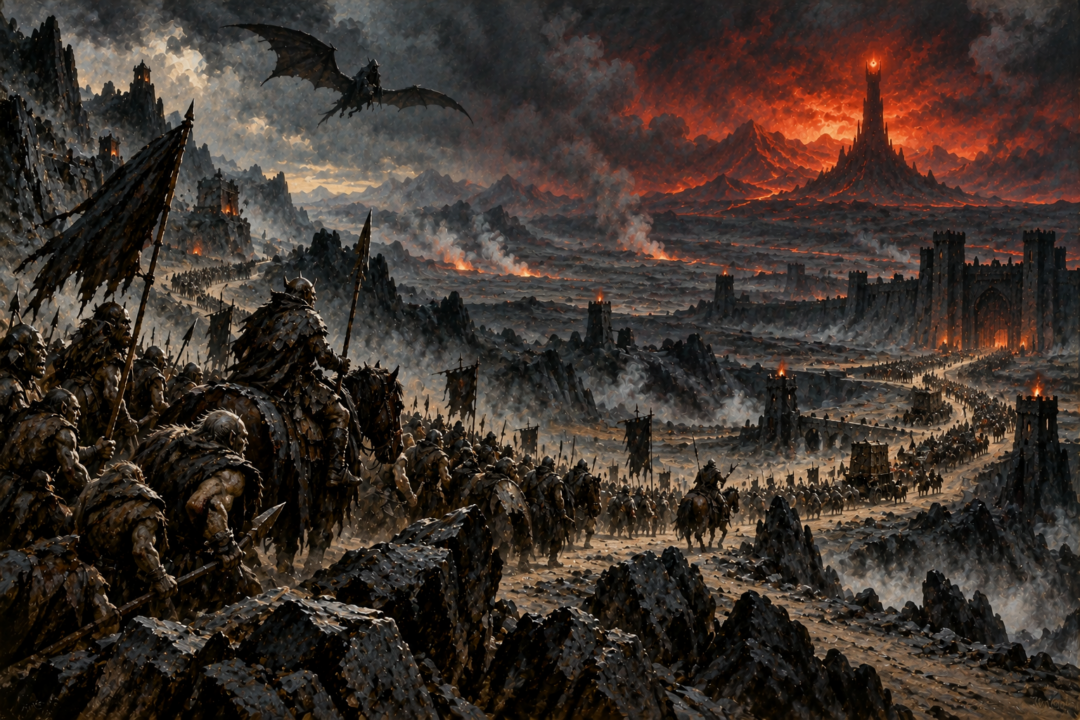 Orc armies and messengers moving along the military roads of Mordor beneath a distant Barad-dûr and a flying Nazgûl.