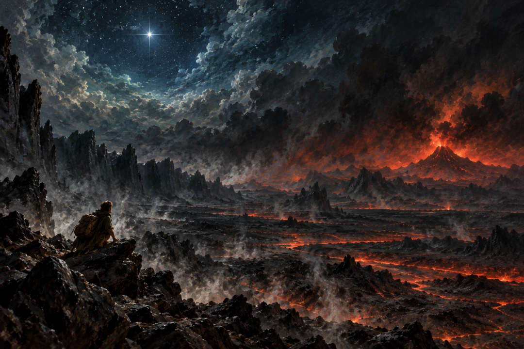 A tiny Sam stands beneath the vast heavens as a white star shines above the smoke and mountains of Mordor.