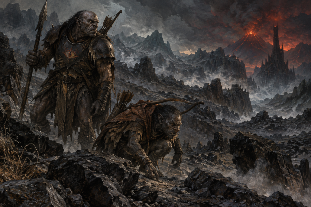 A small Orc tracker searching the Morgai beside a larger Mordor fighting Orc.