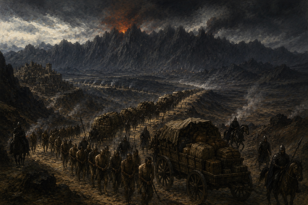 Goods, plunder, and captives travelling by wagon road from tributary lands toward Mordor.