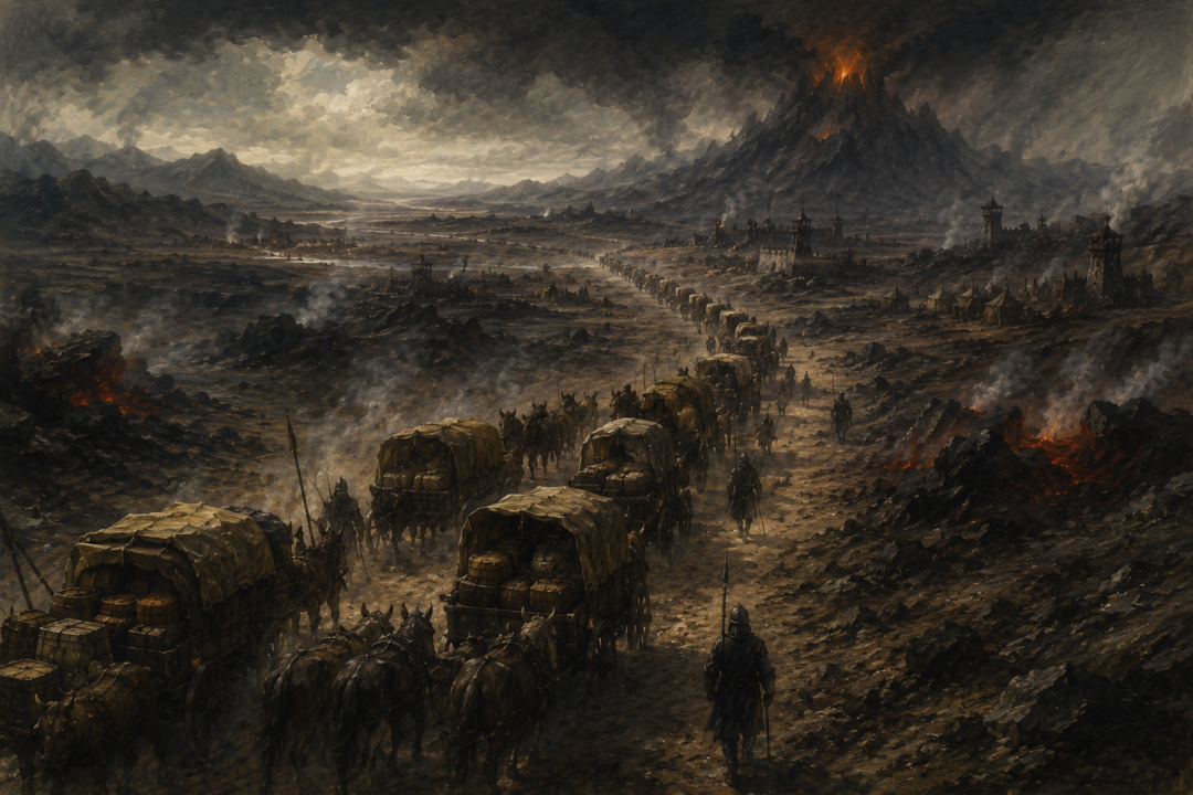 A long wagon train carrying provisions north along a Mordor road toward military camps near Mount Doom.