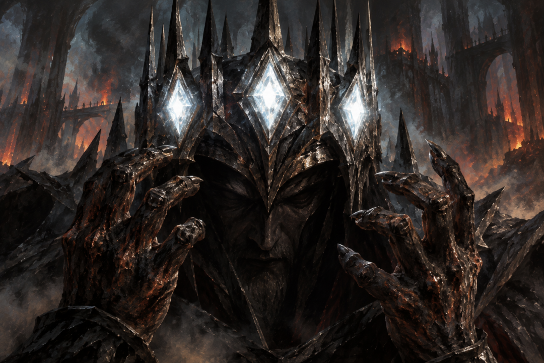 Close view of Morgoth's Iron Crown and permanently burned hands illuminated by the three Silmarils