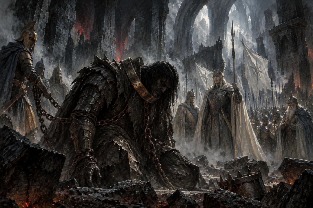 Morgoth captured after the War of Wrath with his Iron Crown removed and his feet bound with Angainor