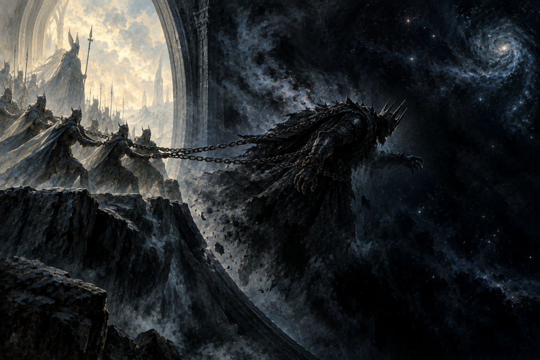 Morgoth being cast through the Door of Night into the Void after his final defeat at the end of the First Age