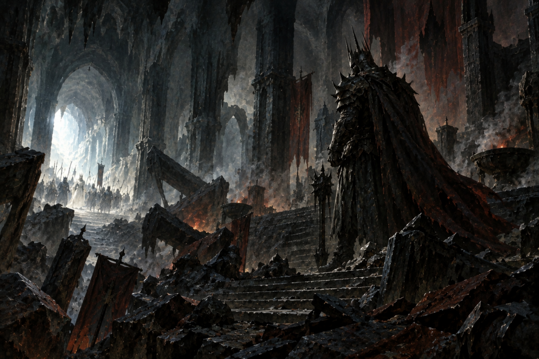 Morgoth cornered in the devastated depths of Angband after the destruction of his armies