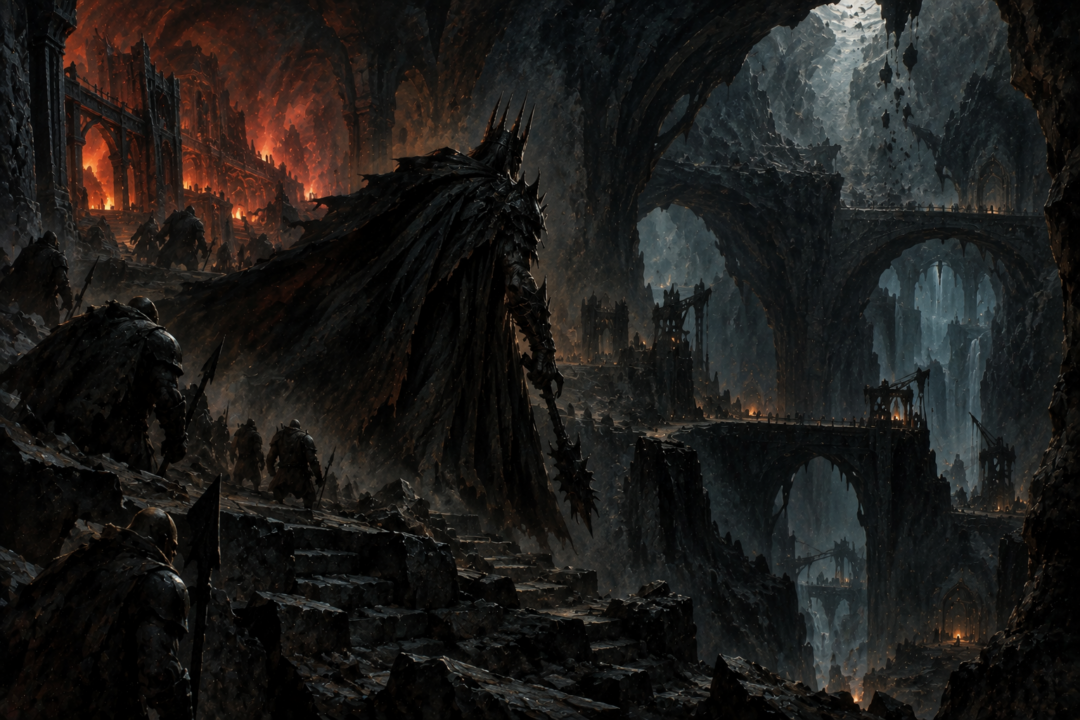 Morgoth retreating into the deep mines and underground passages of Angband after his defeat