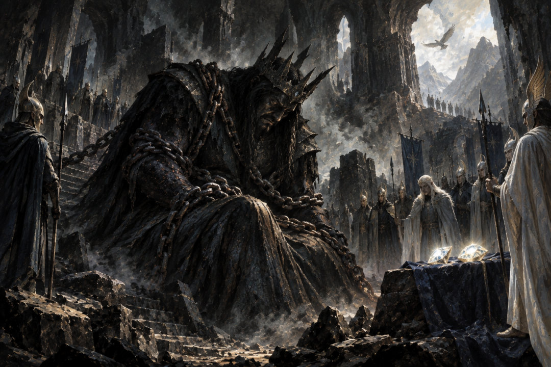 Morgoth lies defeated and bound with Angainor after the fall of Angband as the remaining Silmarils are recovered