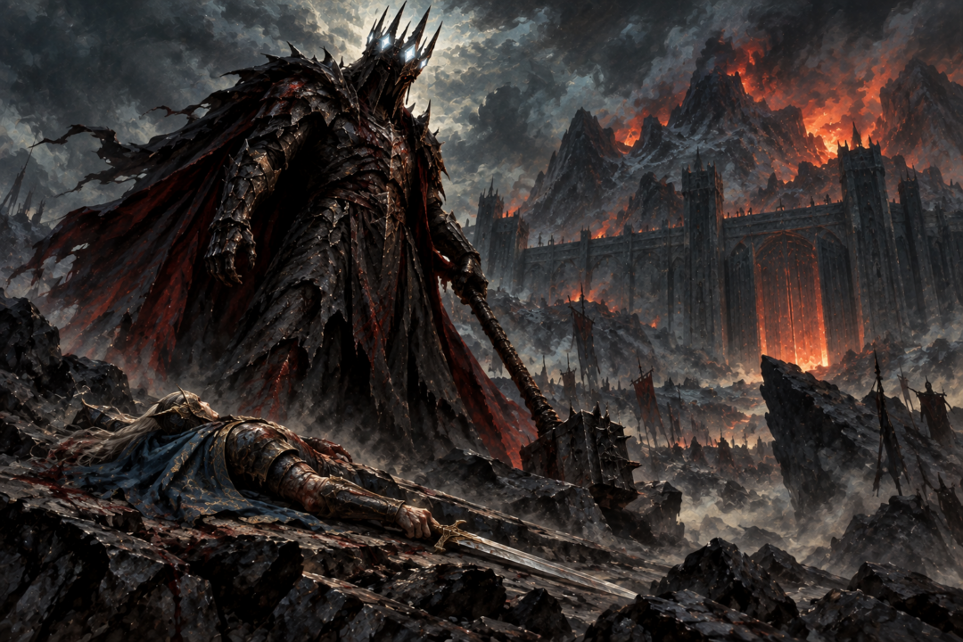 Wounded Morgoth standing over fallen Fingolfin after their duel before Angband beneath Thangorodrim