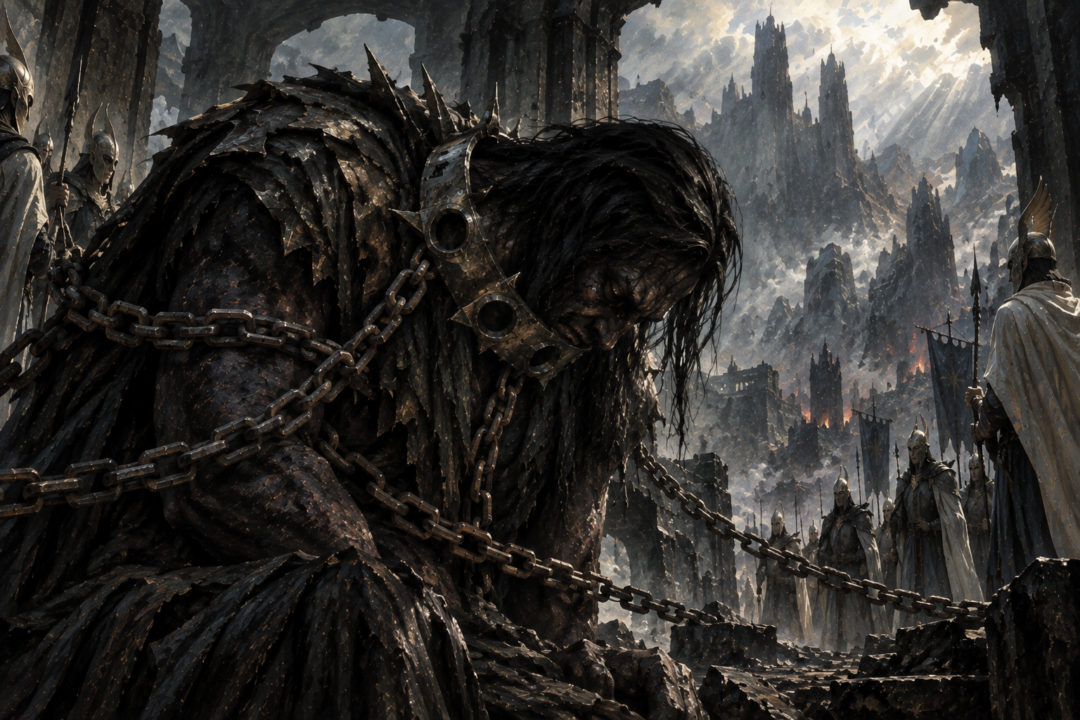 Morgoth bound after his defeat with his former Iron Crown reshaped into a collar around his neck