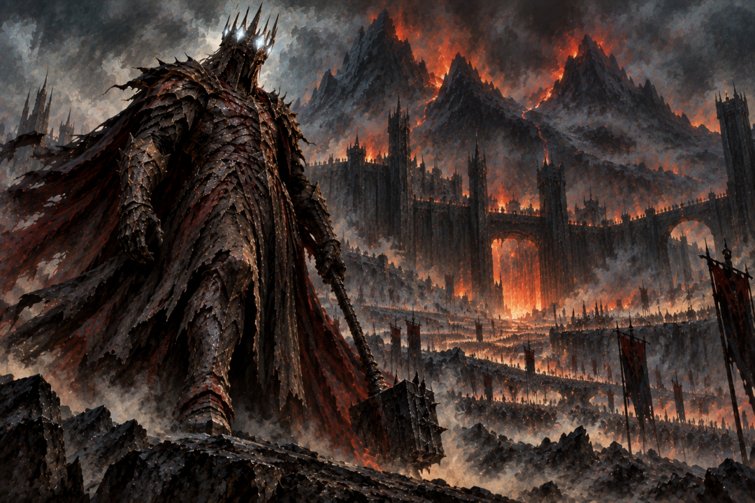 Morgoth wearing the Iron Crown before Angband, marked by burned hands, battle wounds, and the lasting costs of his power