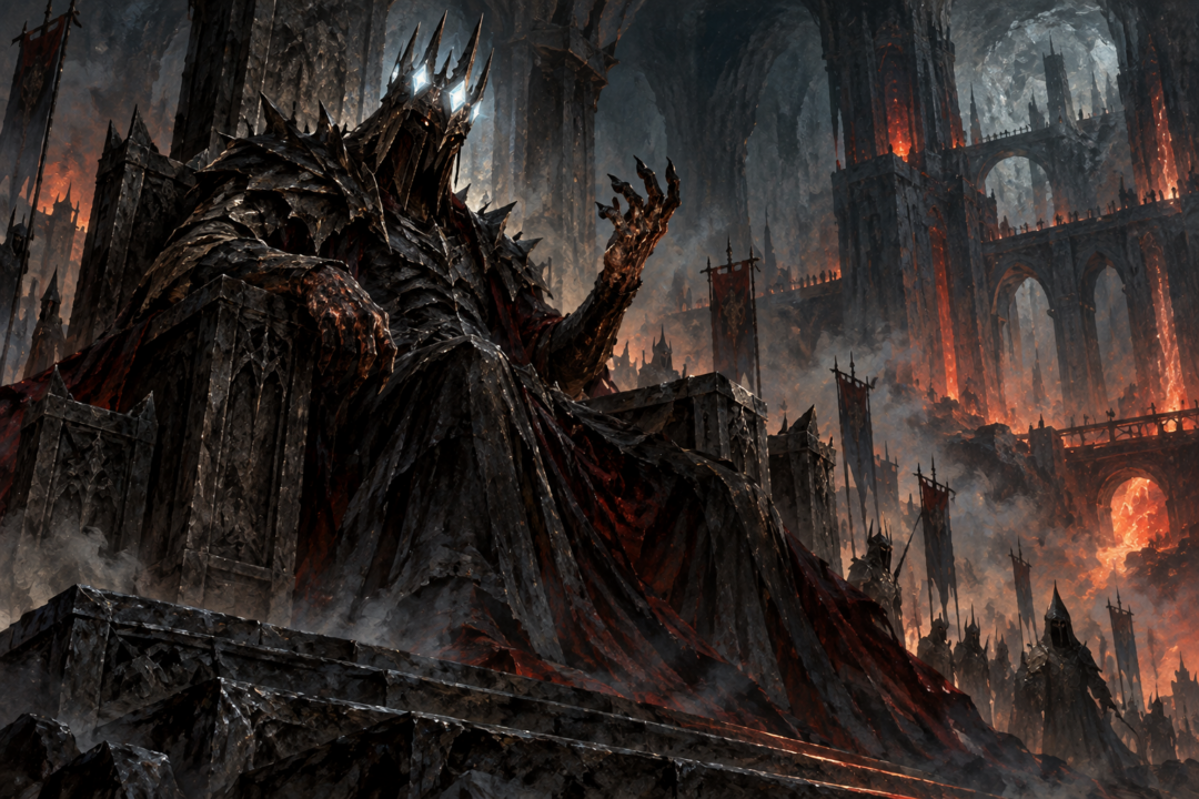Morgoth enthroned in Angband wearing the Iron Crown with the three radiant Silmarils above his burned black hands