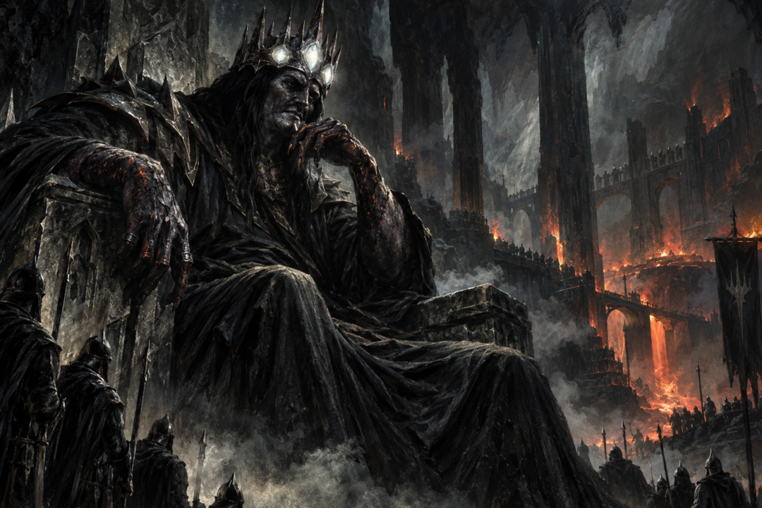Morgoth enthroned in Angband wearing the Iron Crown set with the three radiant Silmarils