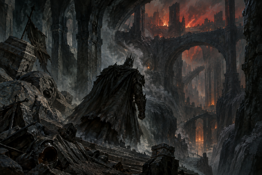 Morgoth retreating into the deepest subterranean passages of Angband as his fortress falls during the War of Wrath