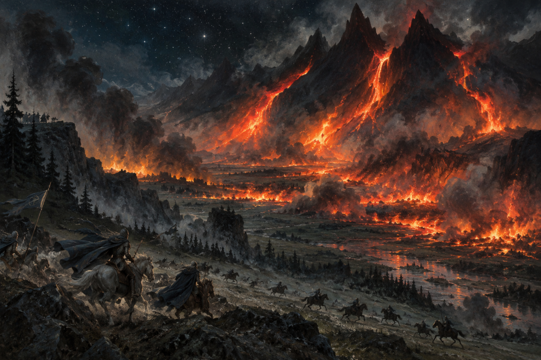 Rivers of fire pouring from Thangorodrim across Ard-galen at the opening of the Dagor Bragollach.