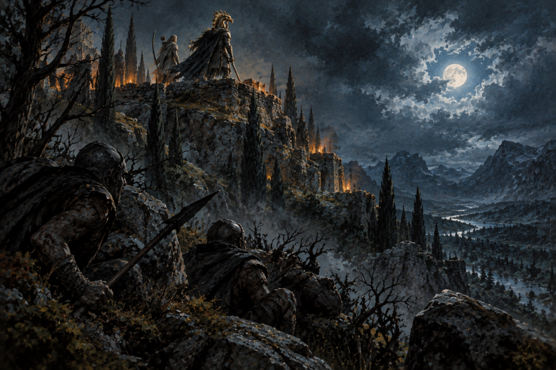 Orc spies secretly watching Túrin and the recognizable Dragon-helm on Amon Rûdh