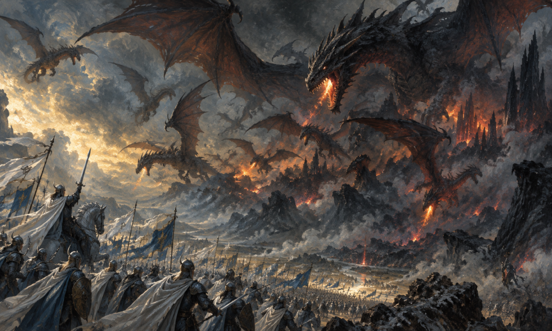 Winged dragons emerging from Angband as Morgoth's final reserve during the War of Wrath