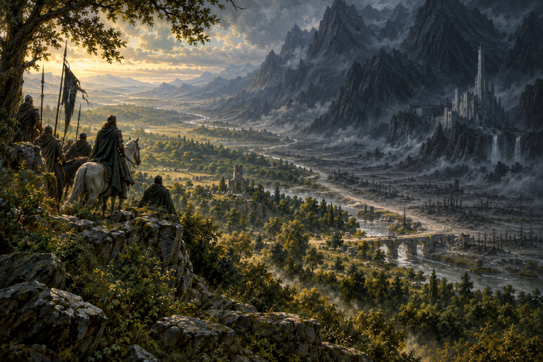 Gondorian riders watching the old Morgul road where green Ithilien meets the shadowed pass into Mordor
