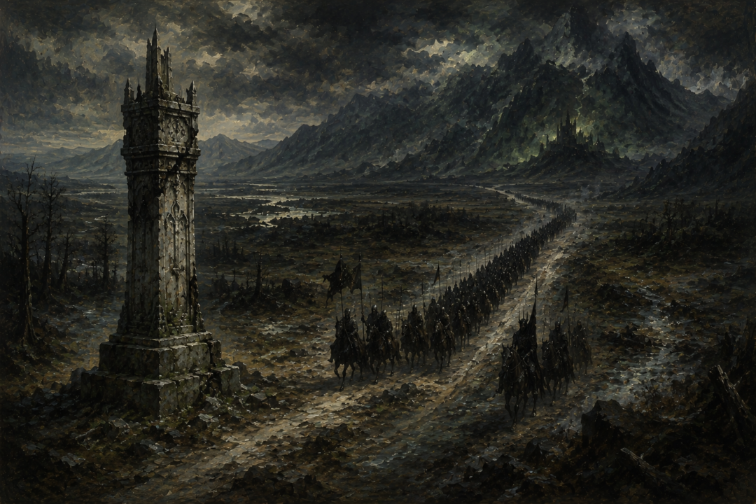 A vast Mordor army marches west along the ancient Morgul-road through Ithilien toward Gondor.
