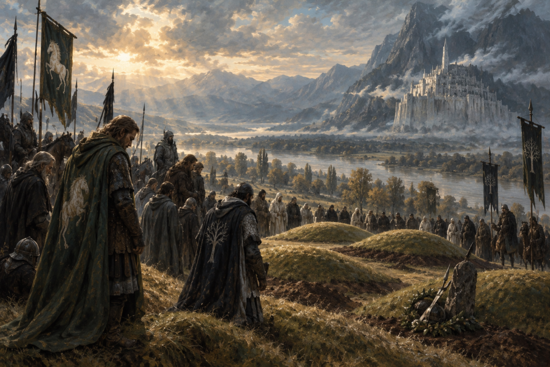 Rohirrim and Men of Gondor mourning their fallen league-fellows at the Mounds of Mundburg after the Pelennor battle.