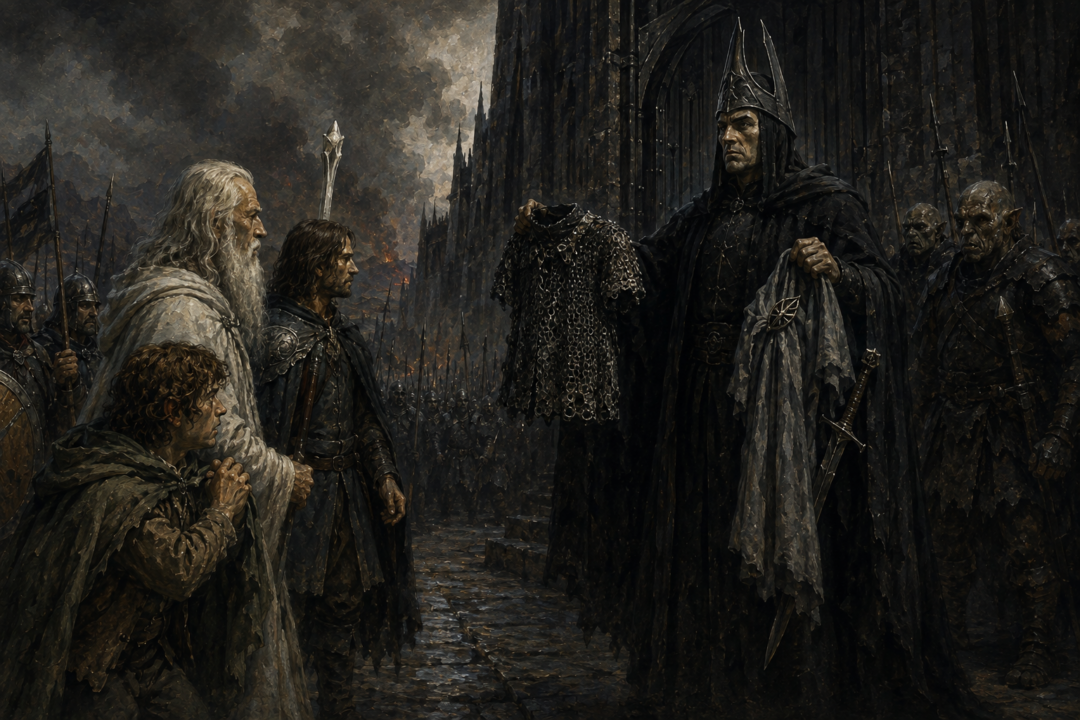 The Mouth of Sauron displays Frodo’s mithril coat, Elven cloak and other captured tokens before Gandalf and the Captains at the Black Gate.