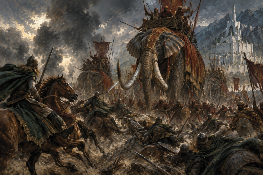 Rohirrim horses recoil from Haradrim Mûmakil during the Battle of the Pelennor Fields.