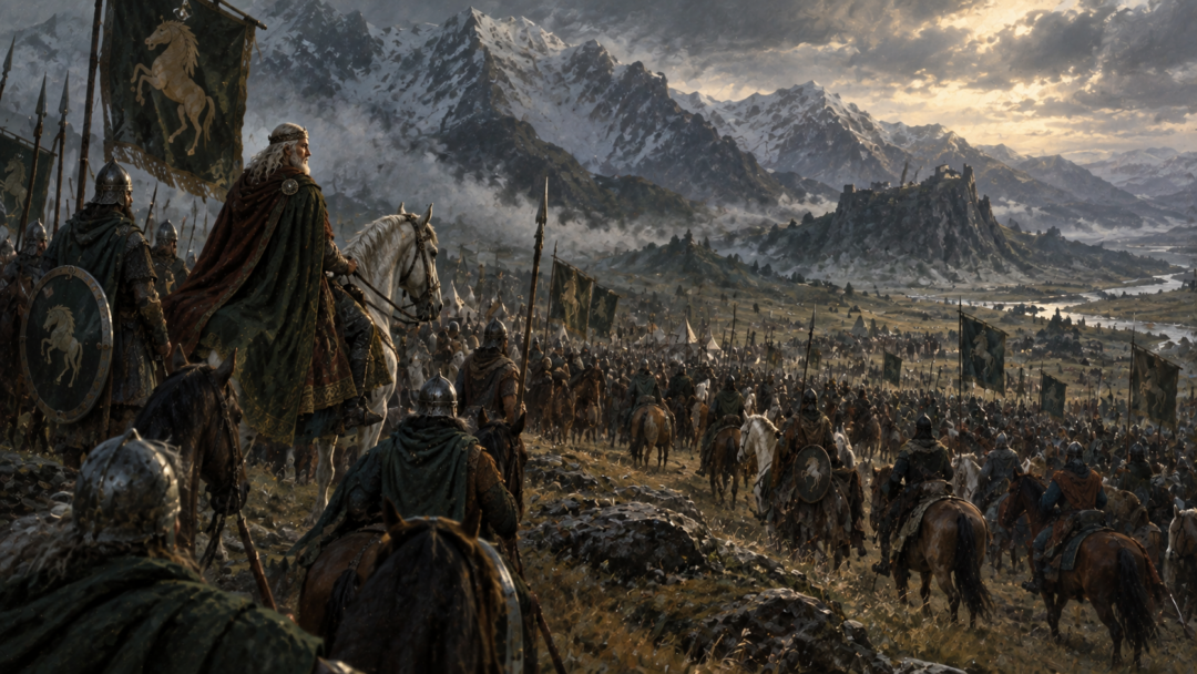 Thousands of Rohirrim gather with horses and spears beneath the White Mountains for the ride to Gondor.