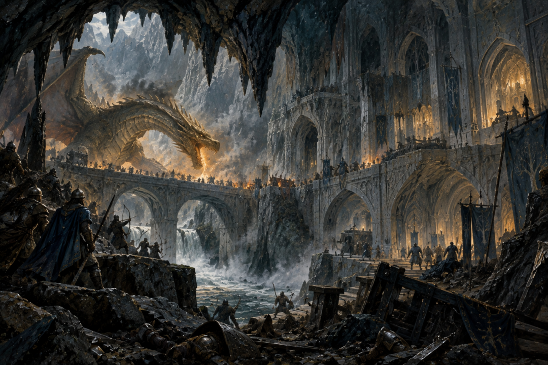 Glaurung approaching Nargothrond across the river as the ancient fortified halls stand beneath the High Faroth