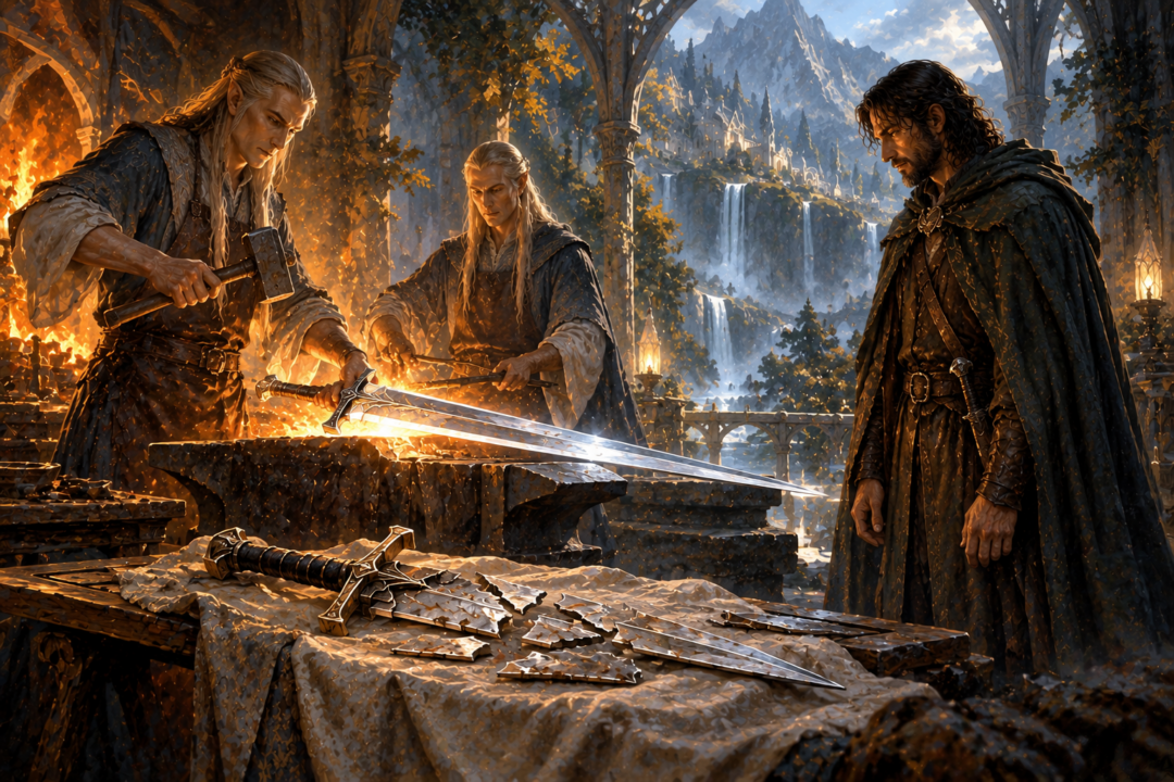 Elven smiths reforging the shards of Narsil into Andúril in Rivendell as Aragorn watches