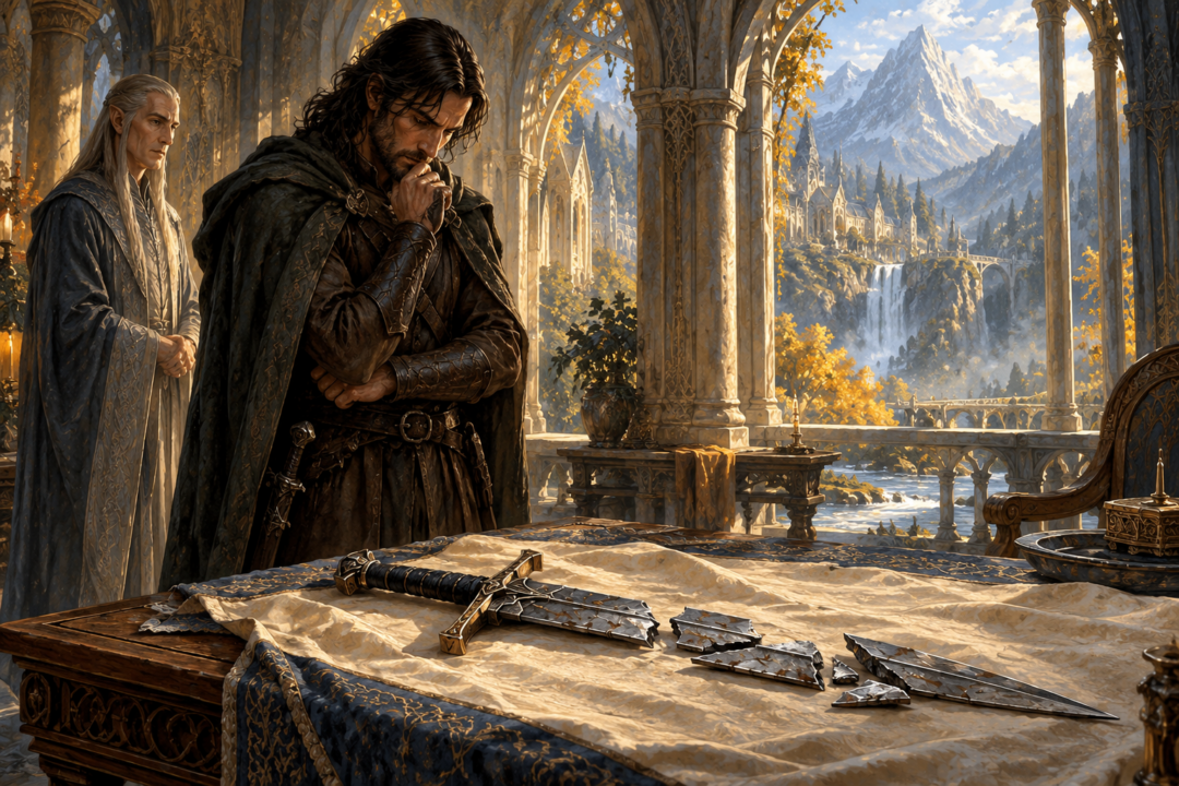 Young Aragorn contemplating the preserved shards of Narsil in Rivendell after learning his ancestry