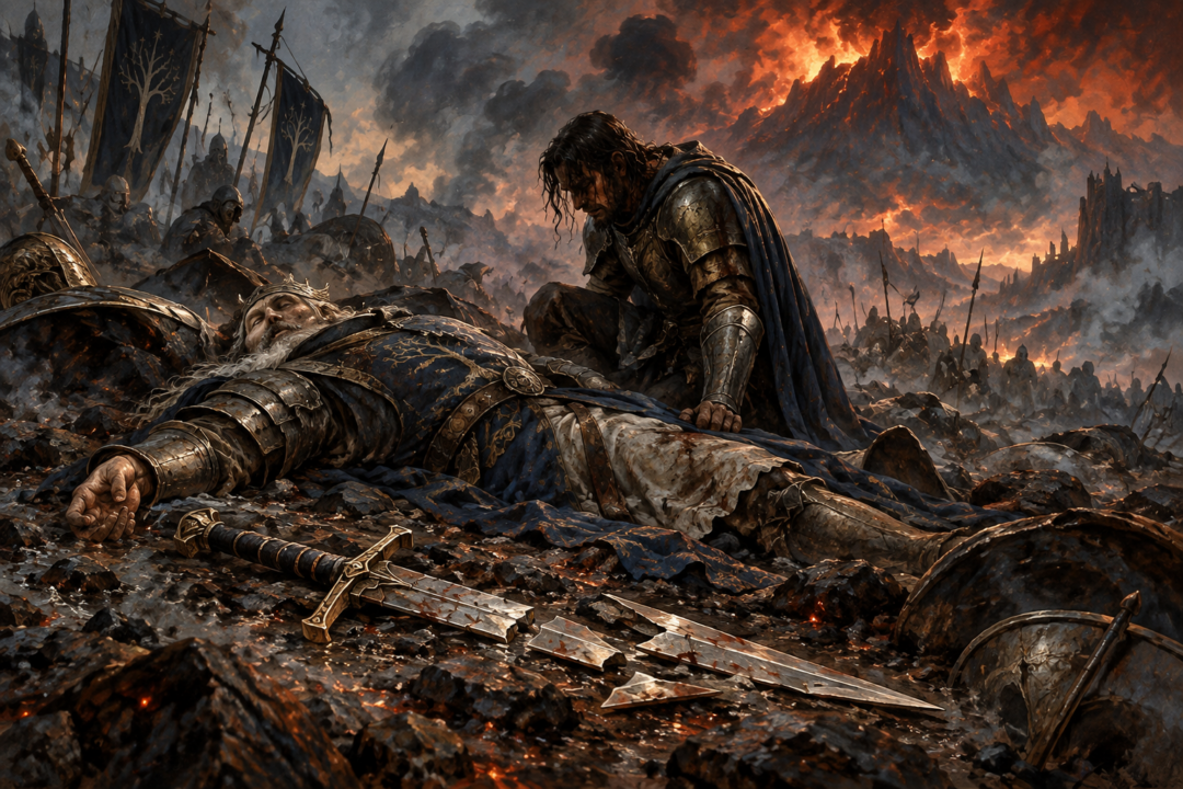 The shattered sword Narsil beside fallen Elendil after the Last Alliance on the slopes of Orodruin