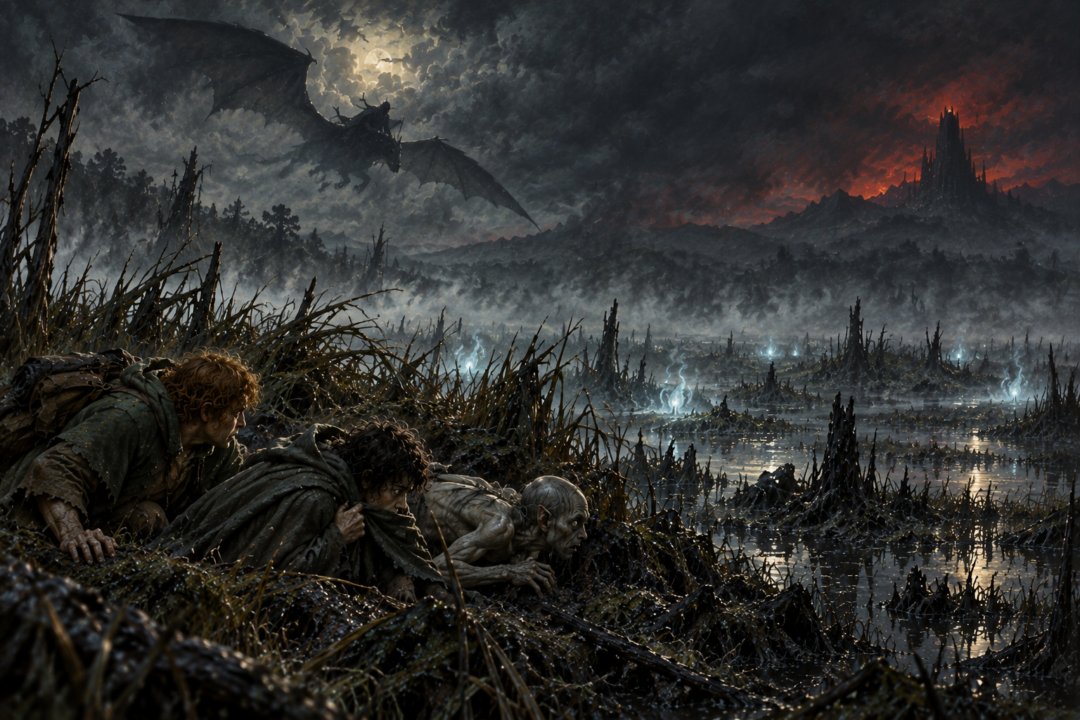 Frodo, Sam, and Gollum hiding among the pools and reeds as a Nazgûl passes above the Dead Marshes