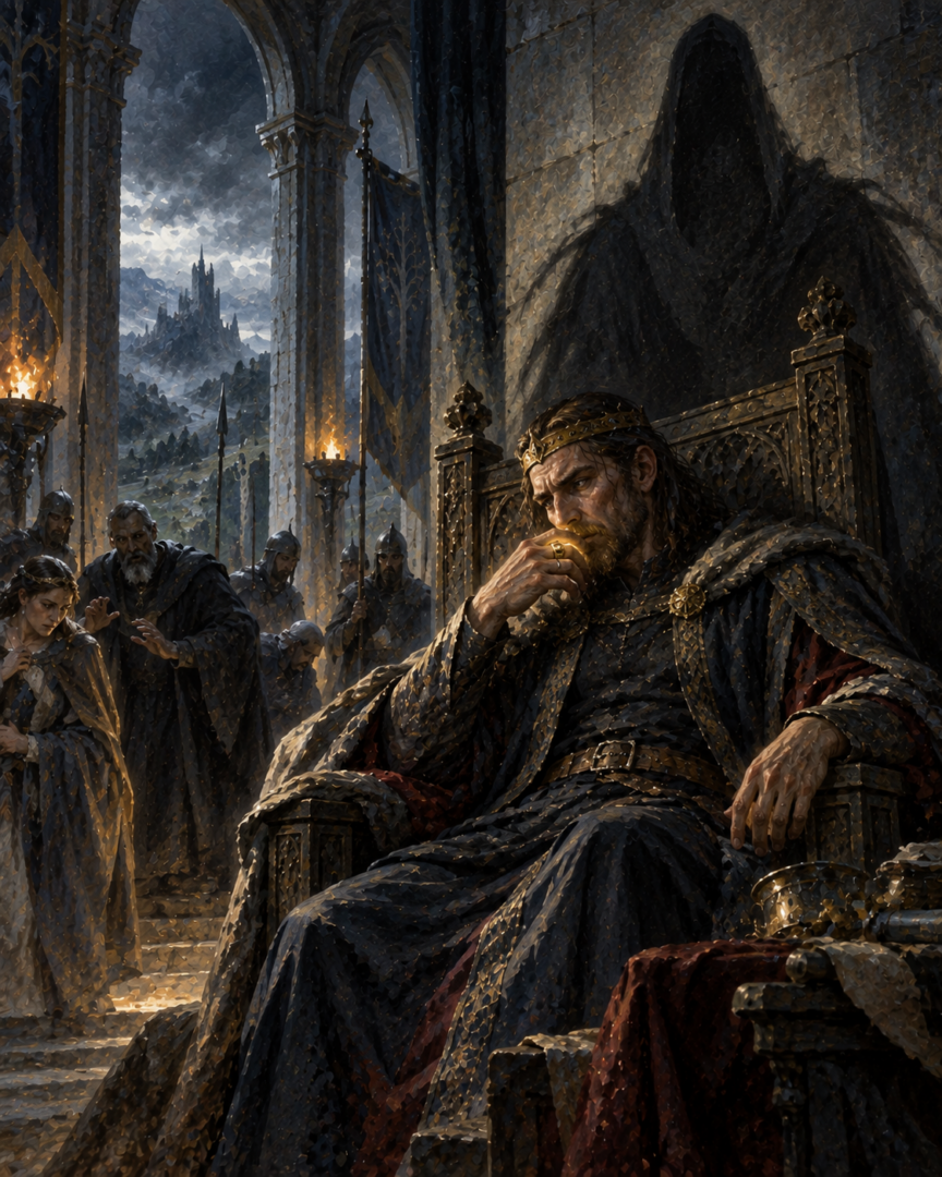 A mortal king wearing one of the Nine Rings casts the spectral hooded shadow of a Nazgûl across his throne hall.