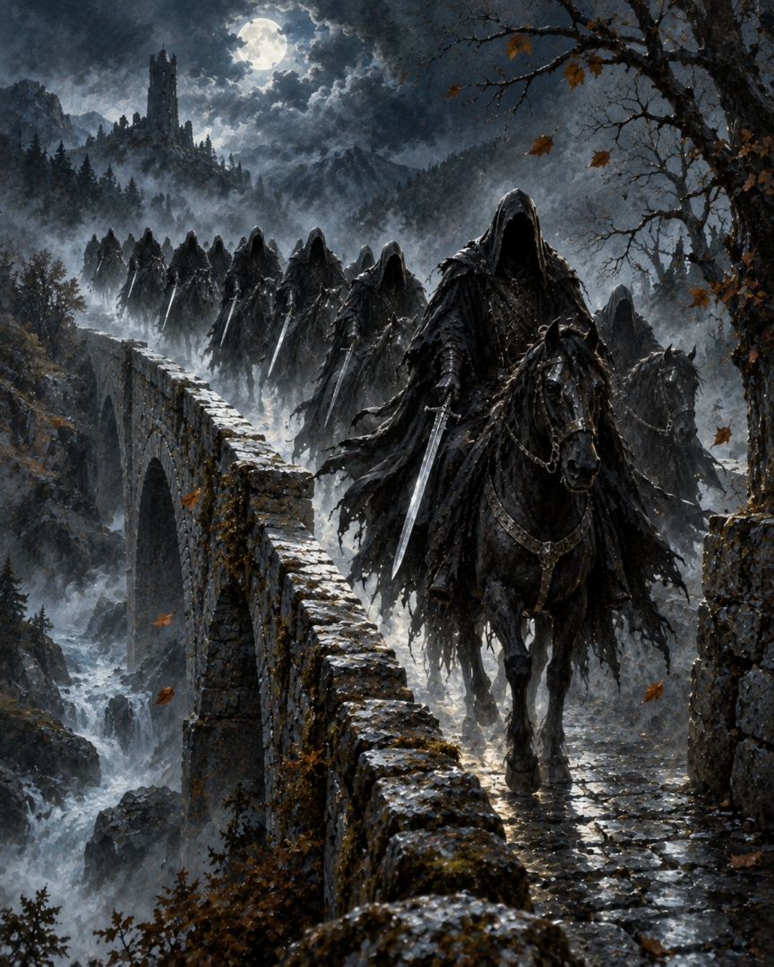 The nine Ringwraiths ride across an ancient stone bridge at night during their relentless hunt for the One Ring.
