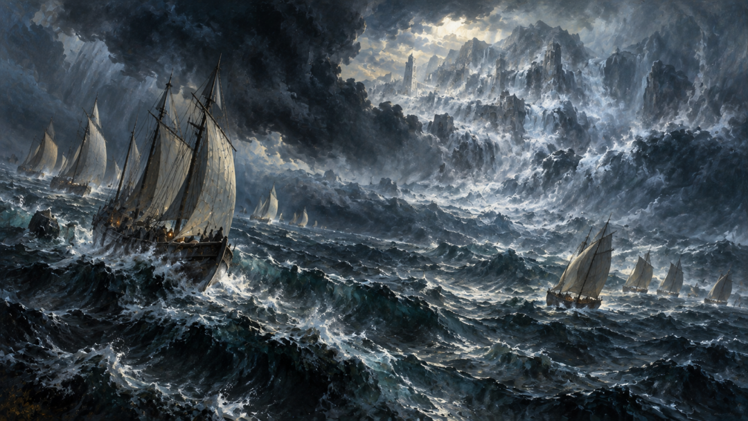 The nine ships of the Faithful are scattered across the stormy sea during the Downfall of Númenor.