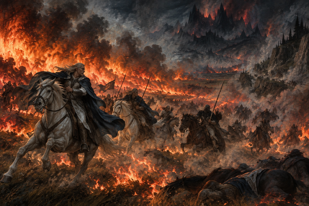 Noldorin horsemen fleeing the sudden fire and poisonous smoke spreading across Ard-galen.