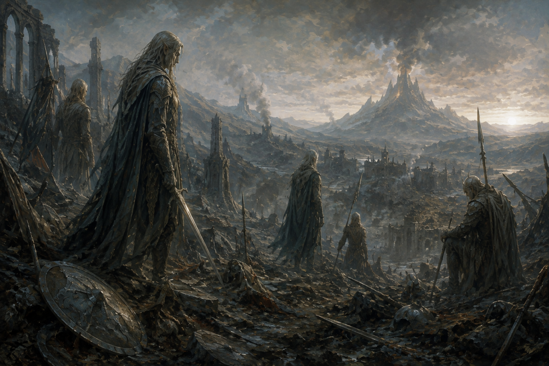 Exhausted Noldorin warriors standing among ruins after the destruction of the great Elven realms of Beleriand