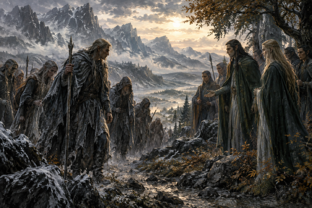 Noldorin Exiles meeting Sindarin Elves in Beleriand after crossing the Helcaraxë