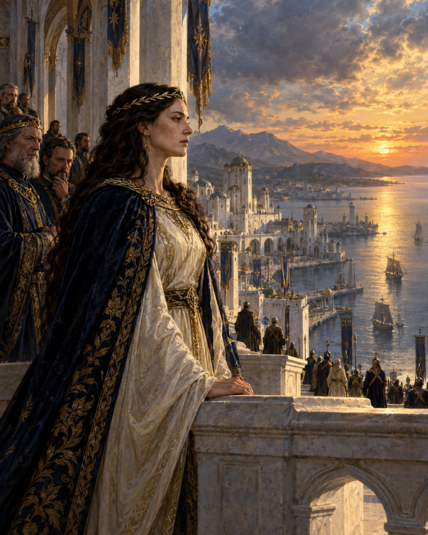 The royal Sceptre and a female Númenórean heir overlooking the sea, symbolizing the lasting change to Númenor's succession law.