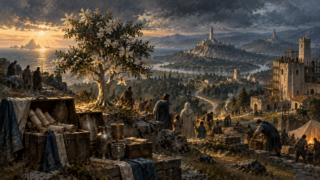 A young White Tree, preserved scrolls, heirlooms, and new settlements symbolize the Númenórean Exiles rebuilding in Middle-earth.