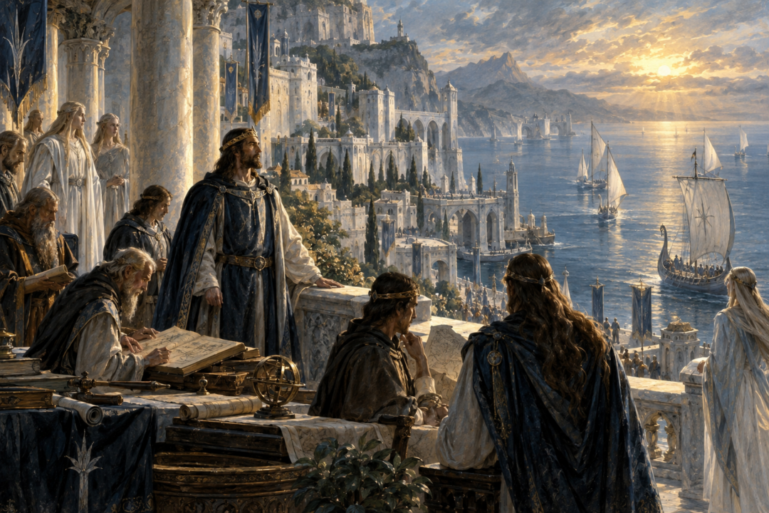 Númenorean royal court overlooking the sea during the age when Quenya names reflected friendship with the Eldar