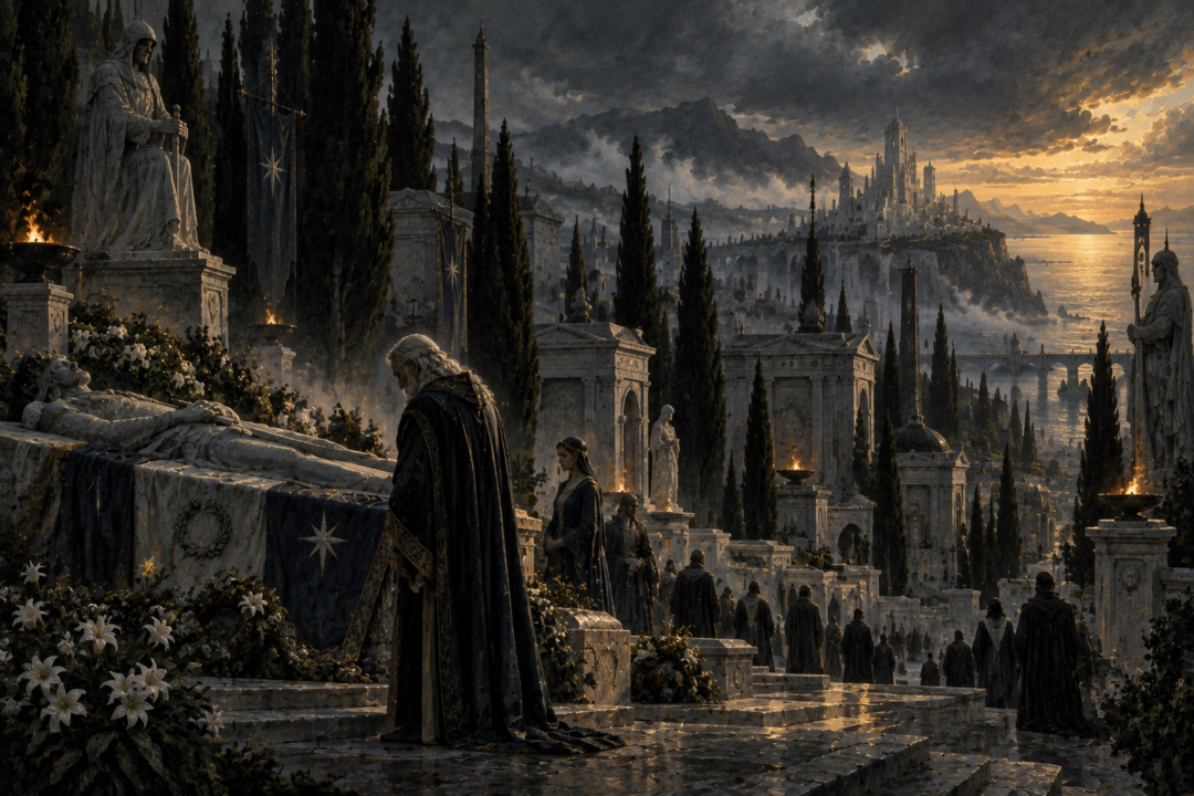 Late Númenóreans walking among monumental tombs as fear of death grows across their civilization