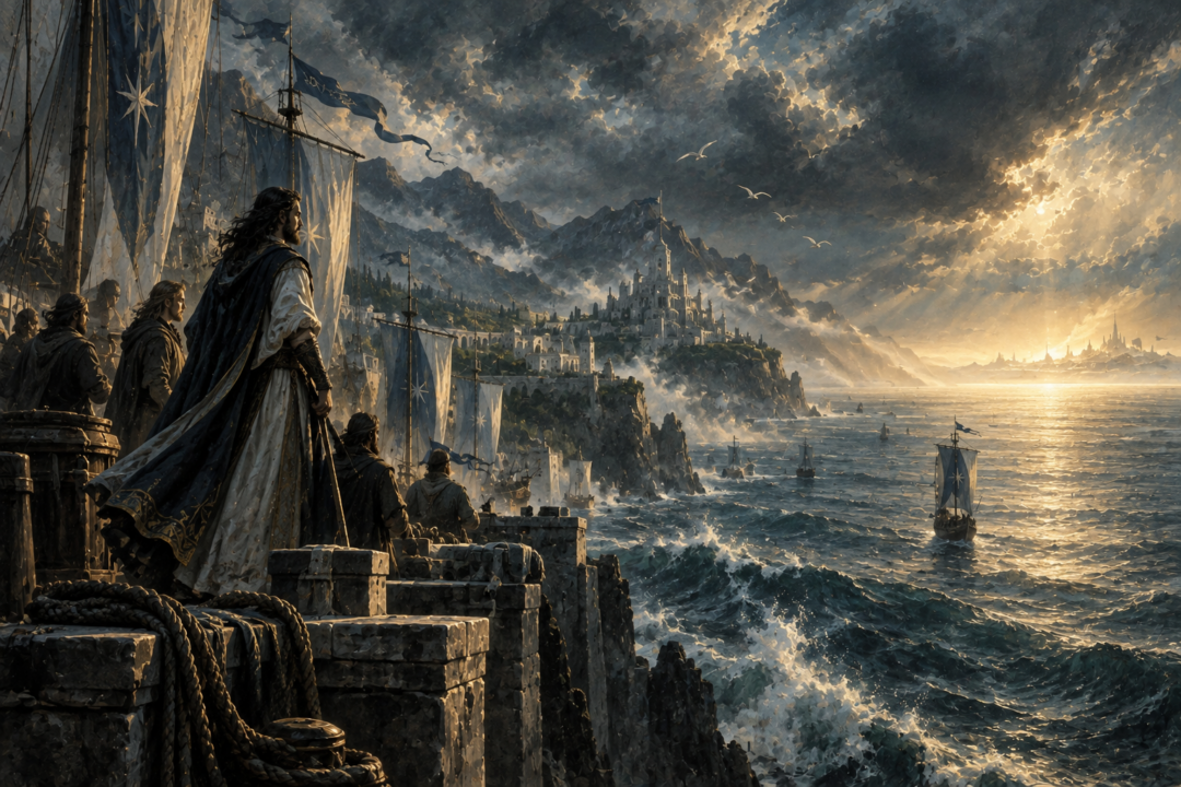 Númenórean mariners looking west across the sea toward the forbidden waters beyond Númenor