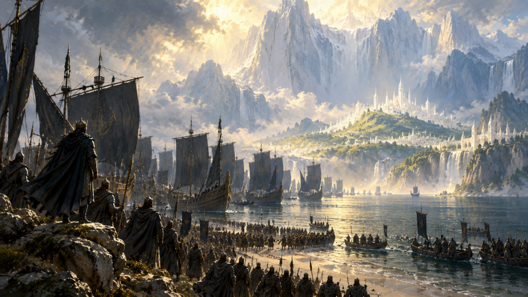 Númenórean ship sailing west across the Great Sea toward the distant forbidden shores of Aman before the Changing of the World